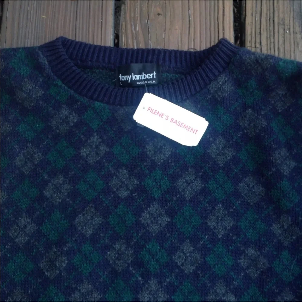 Tony Lambert Navy Blue Gray Argyle Cotton Sweater Sz L Crewneck Vintage 80s USA